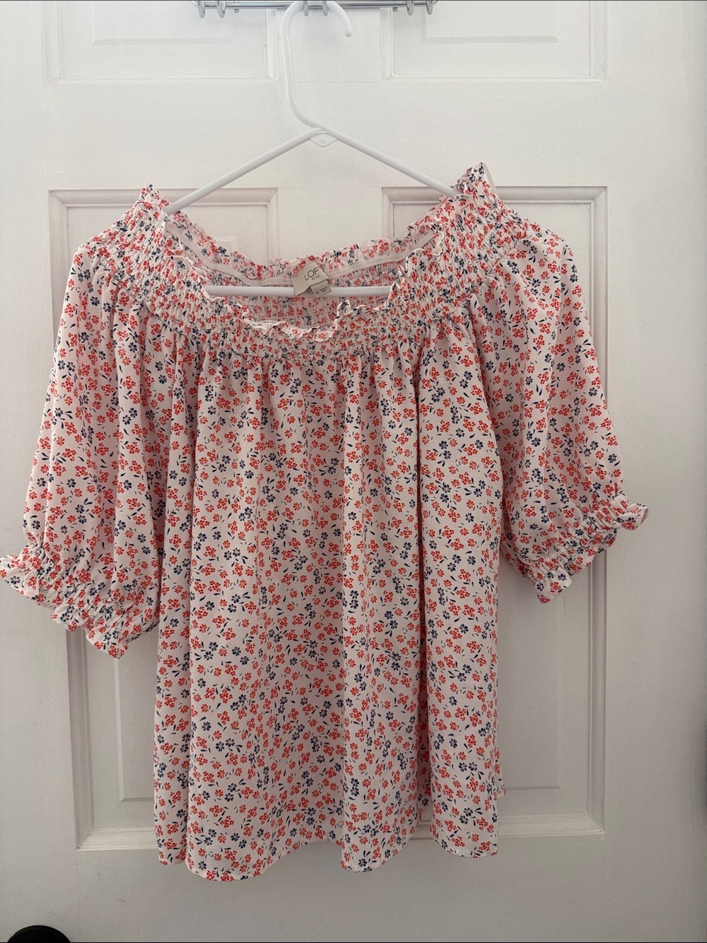 LOFT White Off-Shoulder Floral Blouse with Coral and Navy